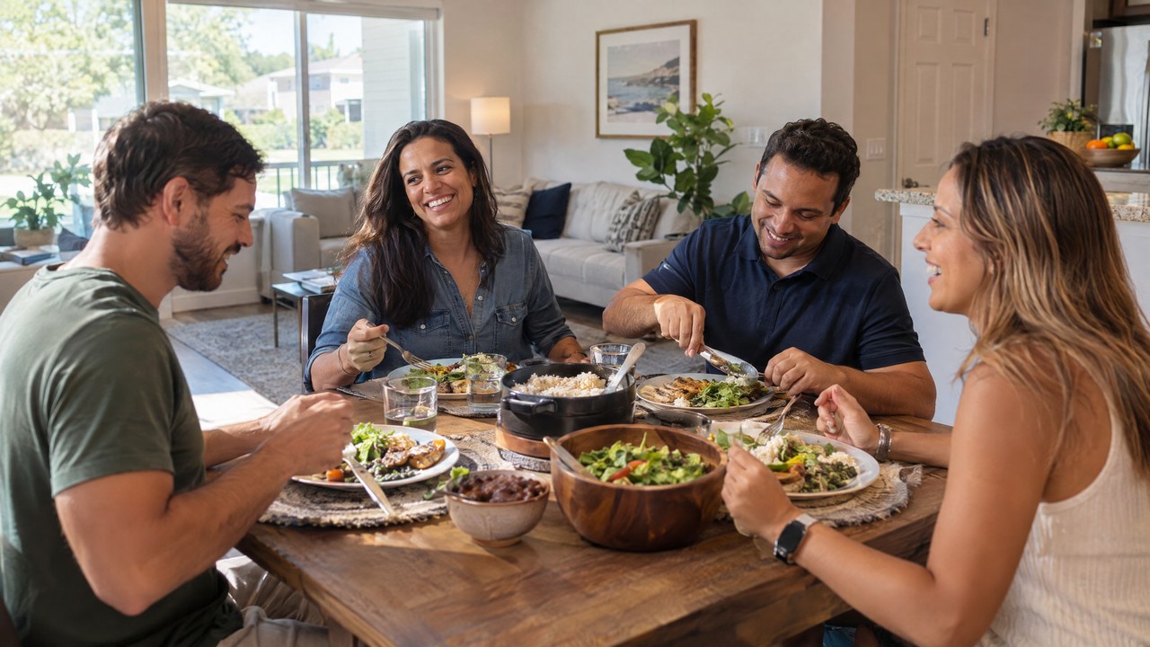 Amigos brasileiros compartilhando almoço de domingo em casa nos Estados Unidos