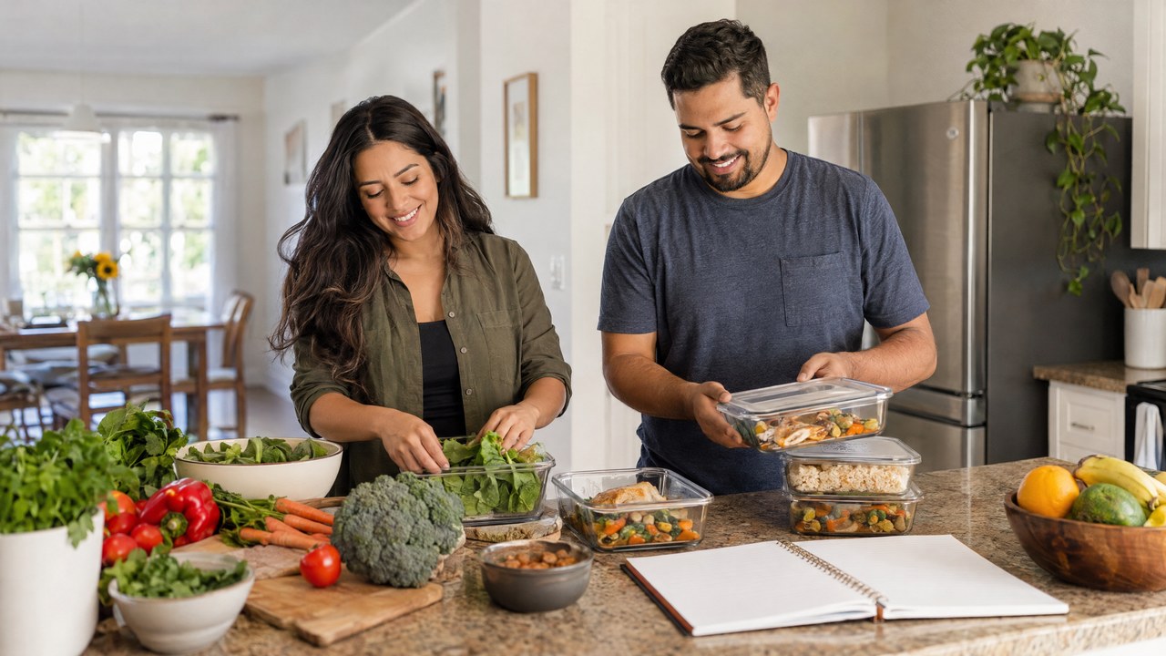 Casal brasileiro organizando refeições da semana em uma cozinha americana