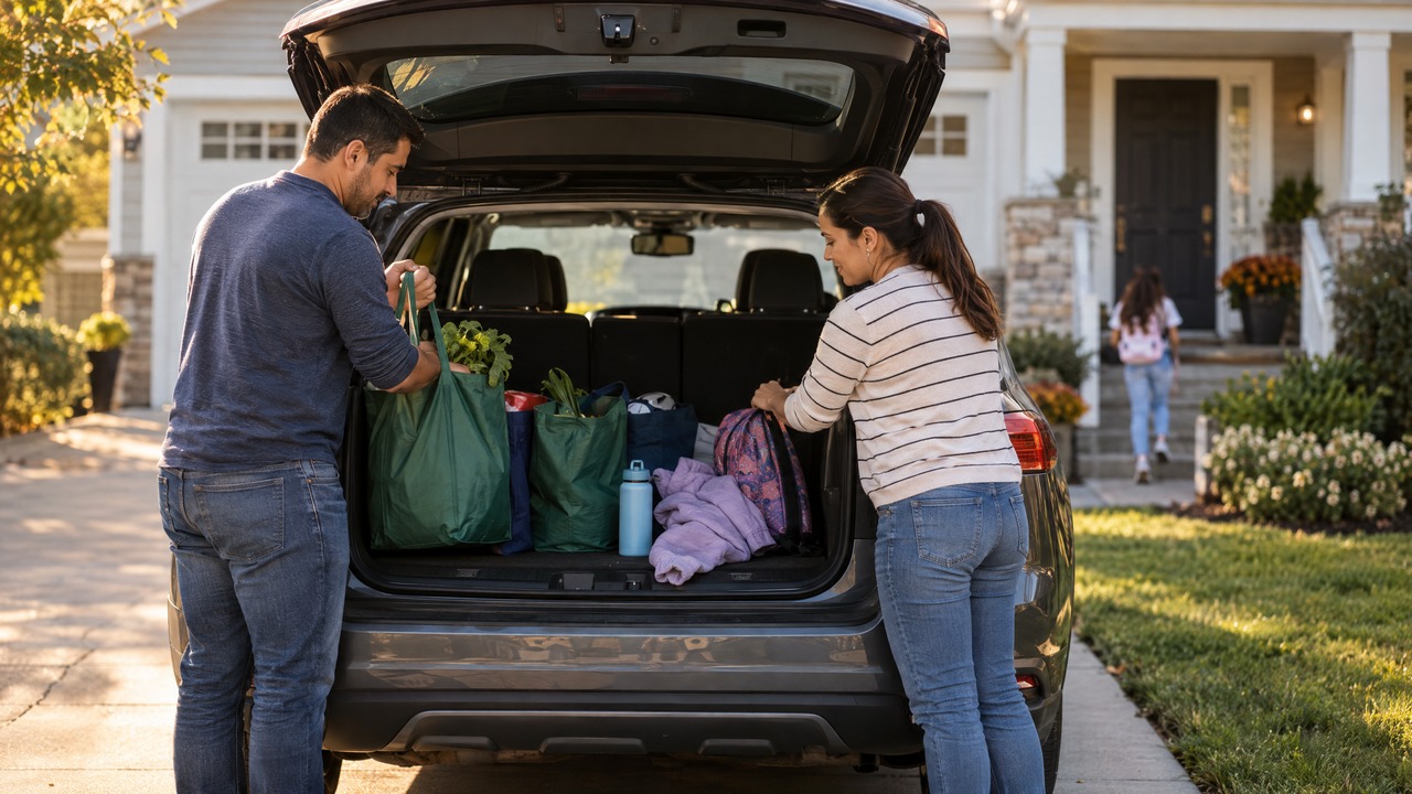 Família brasileira organizando o carro para a semana nos Estados Unidos