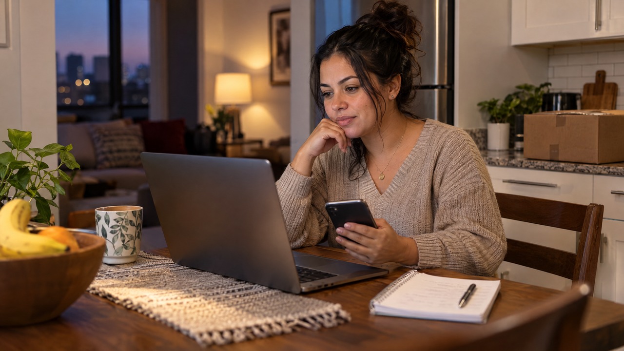 Mulher brasileira avaliando uma compra online em casa