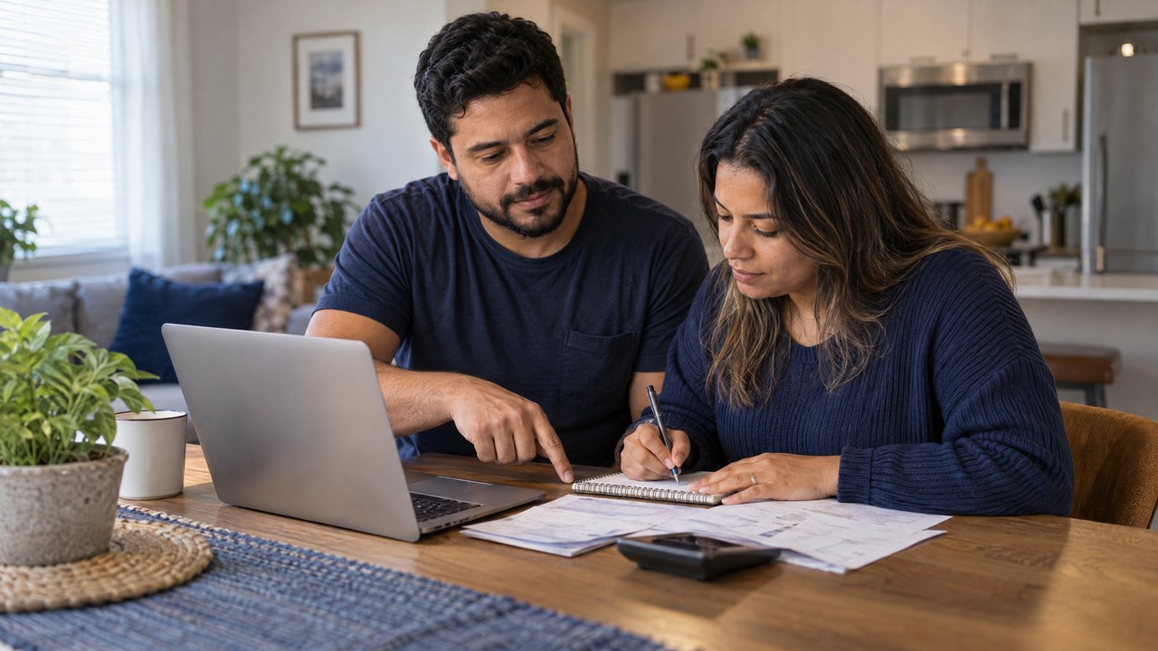 Casal brasileiro revisando assinaturas e despesas no computador em casa nos Estados Unidos