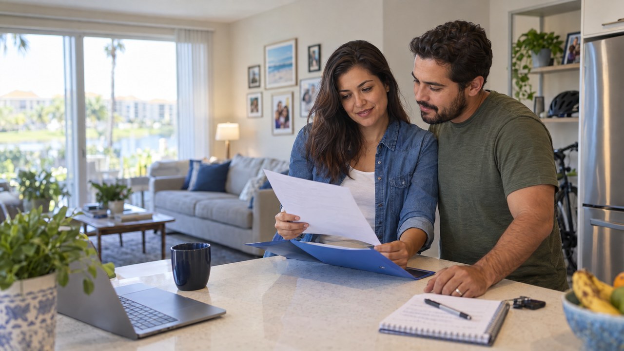 Casal brasileiro em apartamento alugado nos EUA analisando documentos do renters insurance