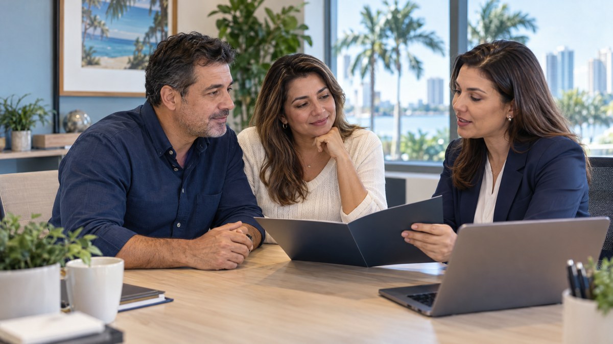 Casal conversa com uma corretora em um escritório sobre opções de seguro saúde para 2027.