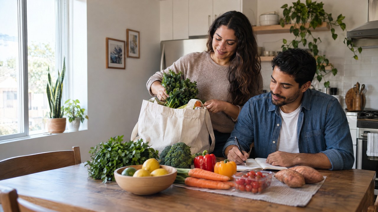 Família brasileira organizando compras e refeições em cozinha nos Estados Unidos