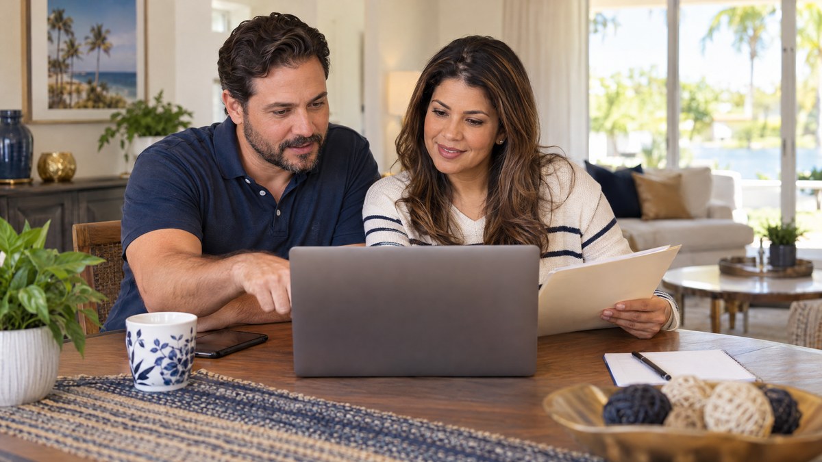 Imagem ilustrativa de um casal consultando informações no computador antes de agendar um exame médico.