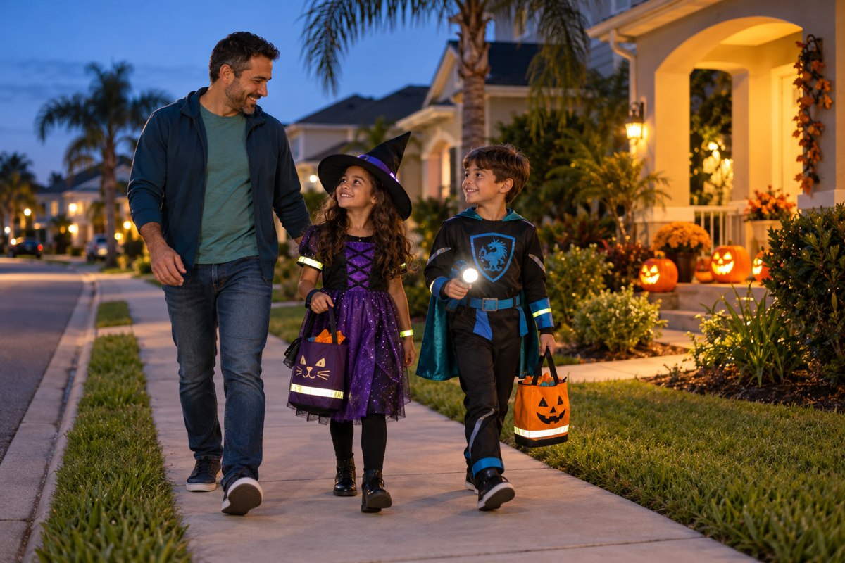 Adulto acompanha duas crianças fantasiadas com lanternas e sacolas de doces pela calçada de um bairro decorado para o Halloween ao anoitecer.