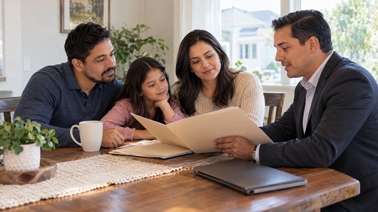 Família brasileira conversando sobre planejamento de seguro de vida em casa nos Estados Unidos