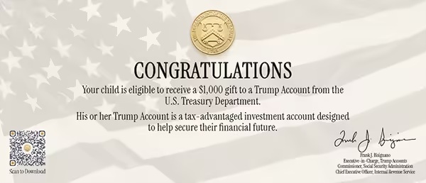 Frente do encarte oficial da Social Security sobre o aporte de US$ 1.000 em contas Trump para crianças elegíveis.