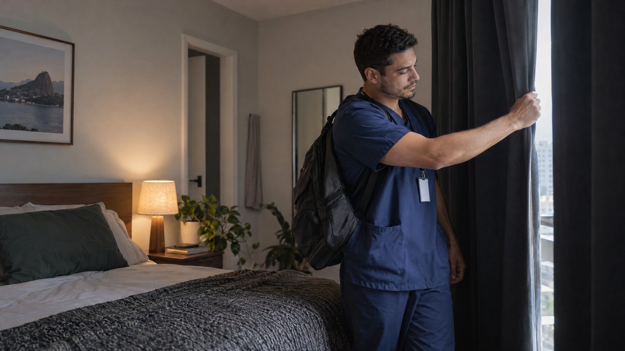 Trabalhador brasileiro preparando um quarto tranquilo para descansar nos Estados Unidos