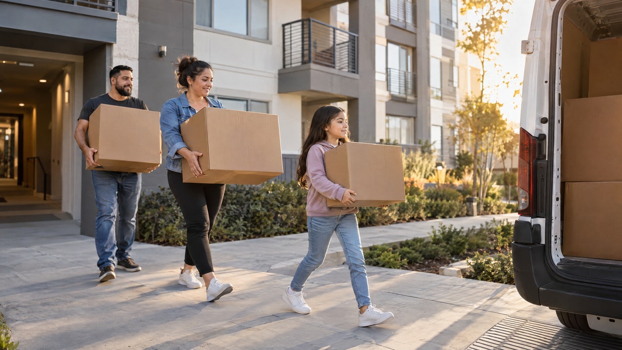Família brasileira carregando caixas durante mudança de apartamento nos Estados Unidos